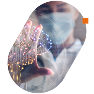Person wearing a mask interacting with a digital interface represented by glowing circuit patterns