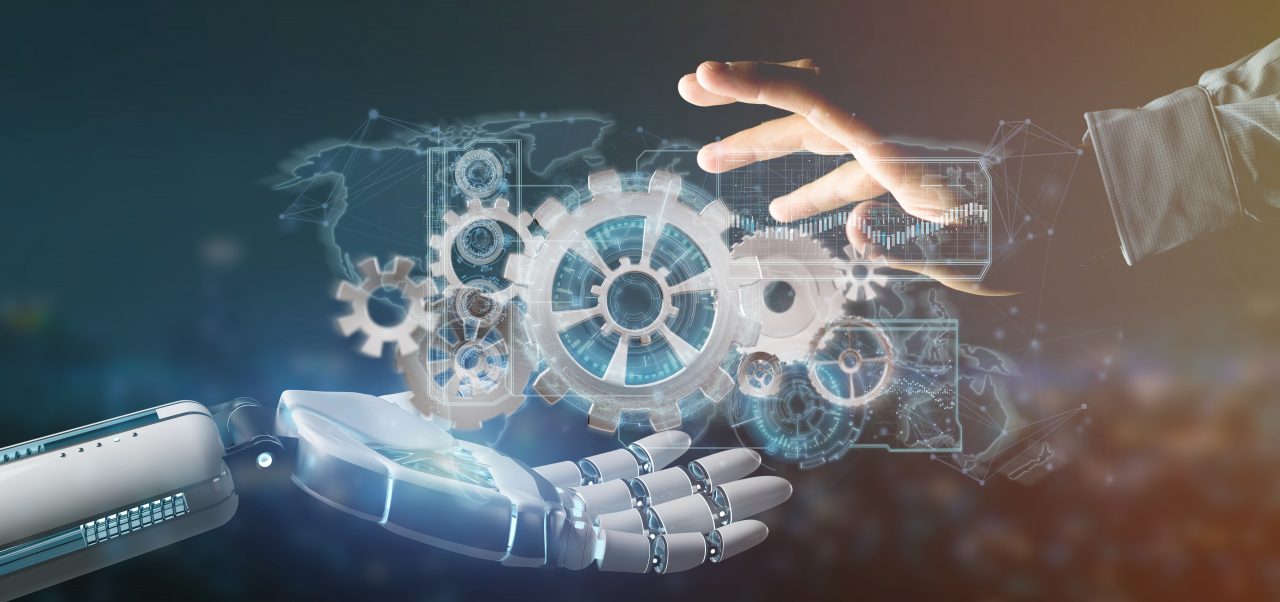 Cyborg hand holding a gear wheel interface 3d rendering