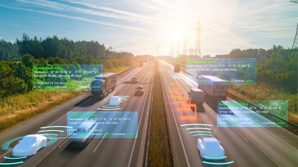 Smart car (HUD) , Autonomous self-driving mode vehicle on highway road iot concept with graphic sensor radar signal system