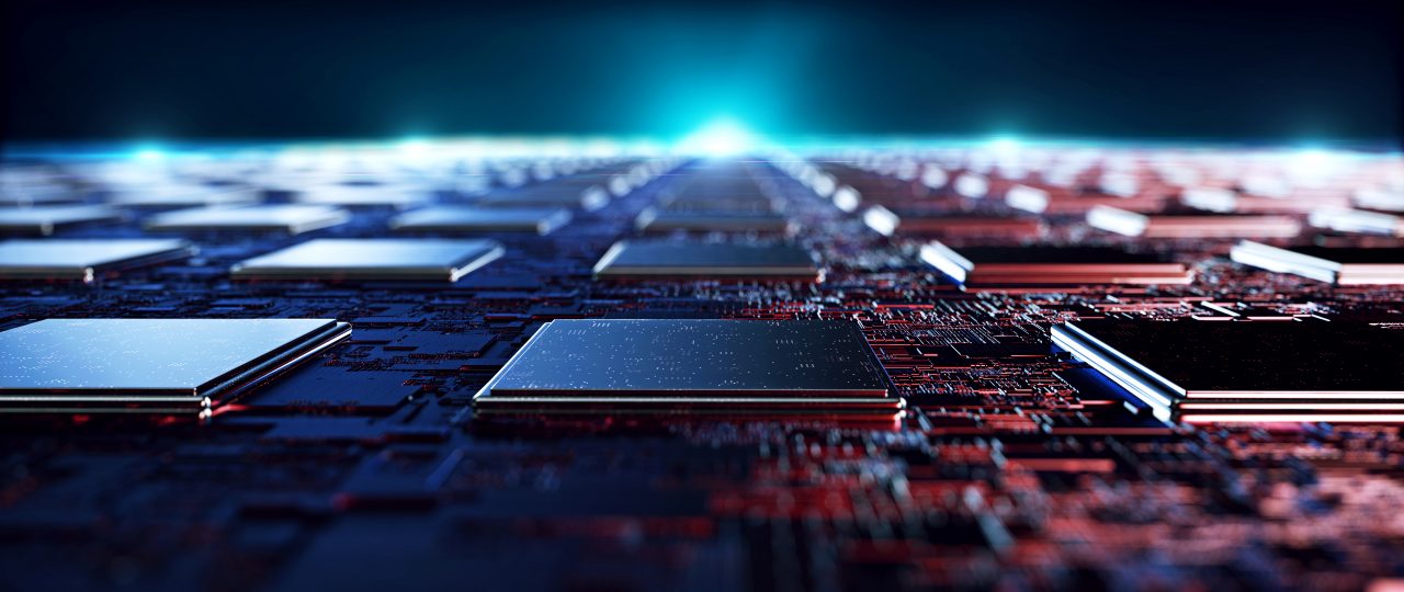 Printed circuit board futuristic server/Circuit board futuristic server code processing. Orange, green, blue technology background with bokeh